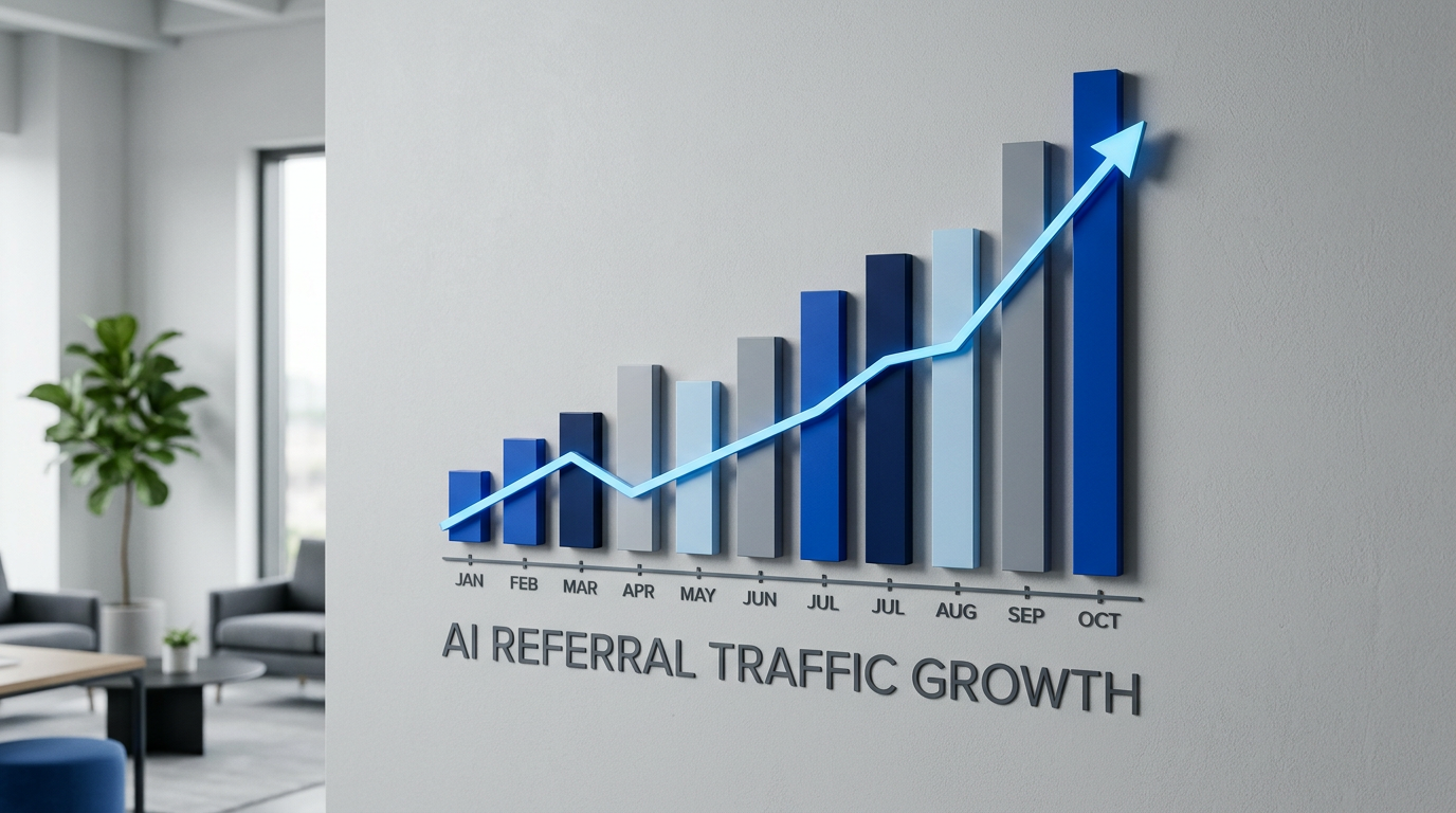 A clean, abstract data visualization showing a bar chart with a sharp upward trend line, labeled 'AI Referral Traffic Growth'. The style should be minimalist and professional, using a blue and grey color palette.