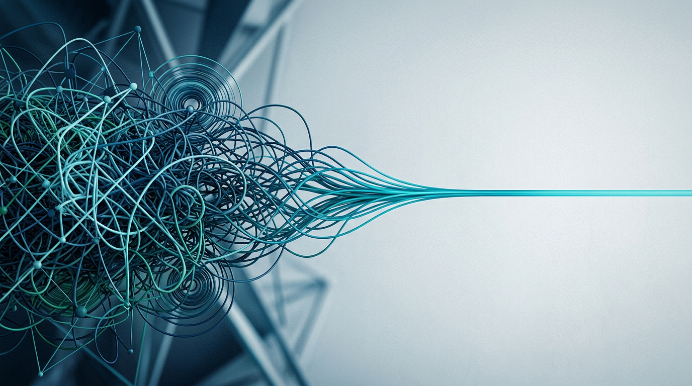 A clean, abstract data visualization showing a complex, tangled path becoming a single, clear, straight line. Uses a cool color palette of blues and greens. Represents turning complexity into clarity.