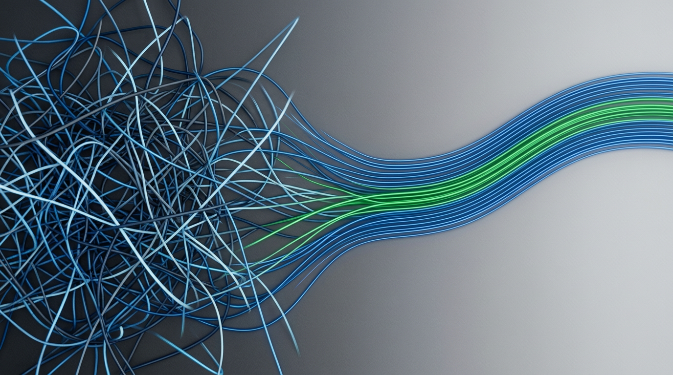 A clean, abstract data visualization showing a shift from a chaotic, tangled mess of lines on the left to a streamlined, organized flow on the right. Use a simple color palette of blue, gray, and a single accent color like green to represent efficiency. Minimalist style.