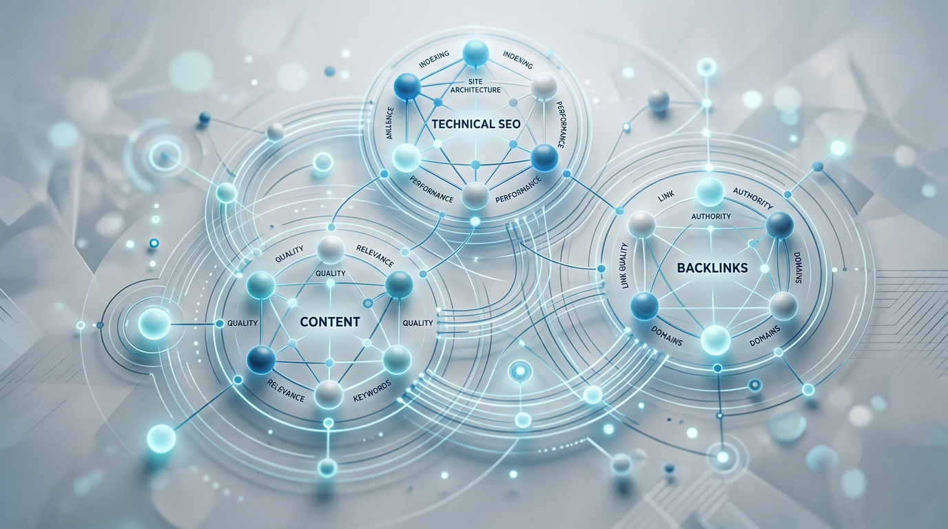 A clean, abstract data visualization showing interconnected nodes and pathways, representing how technical SEO, content, and backlinks work together. Soft, professional color palette of blues and grays.