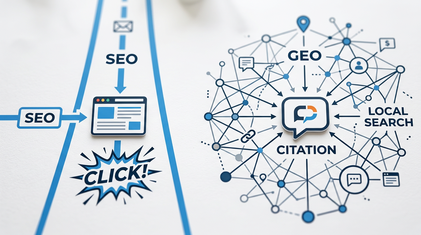 A clean, minimalist infographic-style diagram. On the left, a straight path labeled 'SEO' leads to a website icon and a 'CLICK!' graphic. On the right, a complex web of connections labeled 'GEO' converges on a chat bubble icon containing a brand logo, labeled 'CITATION'. The visual contrast should be stark.