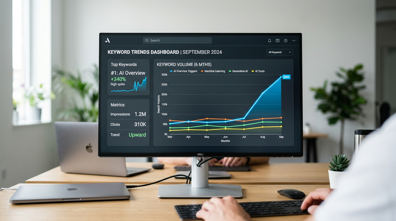 A clean, modern data visualization dashboard on a computer screen showing keyword trends. One graph line labeled 'AI Overview Triggers' is sharply increasing. Minimalist and clear.