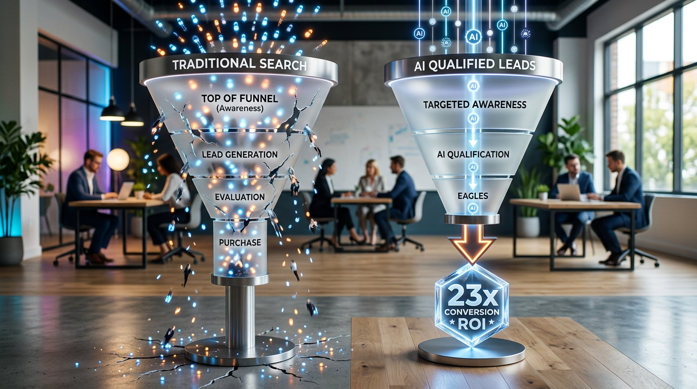 A clean, modern diagram comparing two sales funnels. The left funnel, labeled 'Traditional Search,' is wide at the top and shows many leads leaking out the sides. The right funnel, labeled 'AI Qualified Leads,' is narrower and more direct, with a bold arrow pointing to a '23x Conversion' icon at the bottom.