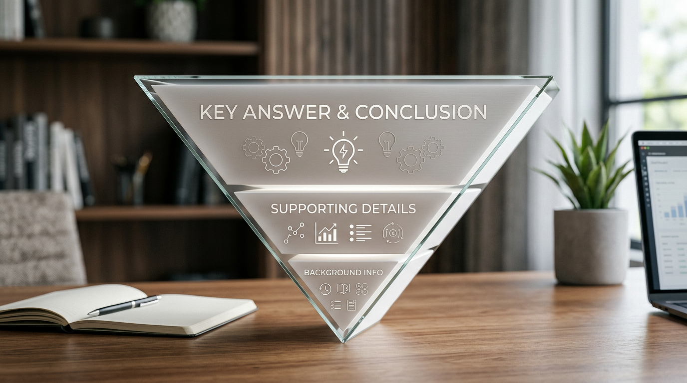 A clean, modern graphic illustrating the 'inverted pyramid' of writing for AI. It shows a large section at the top labeled 'Key Answer & Conclusion' and smaller sections below for 'Supporting Details' and 'Background Info'.