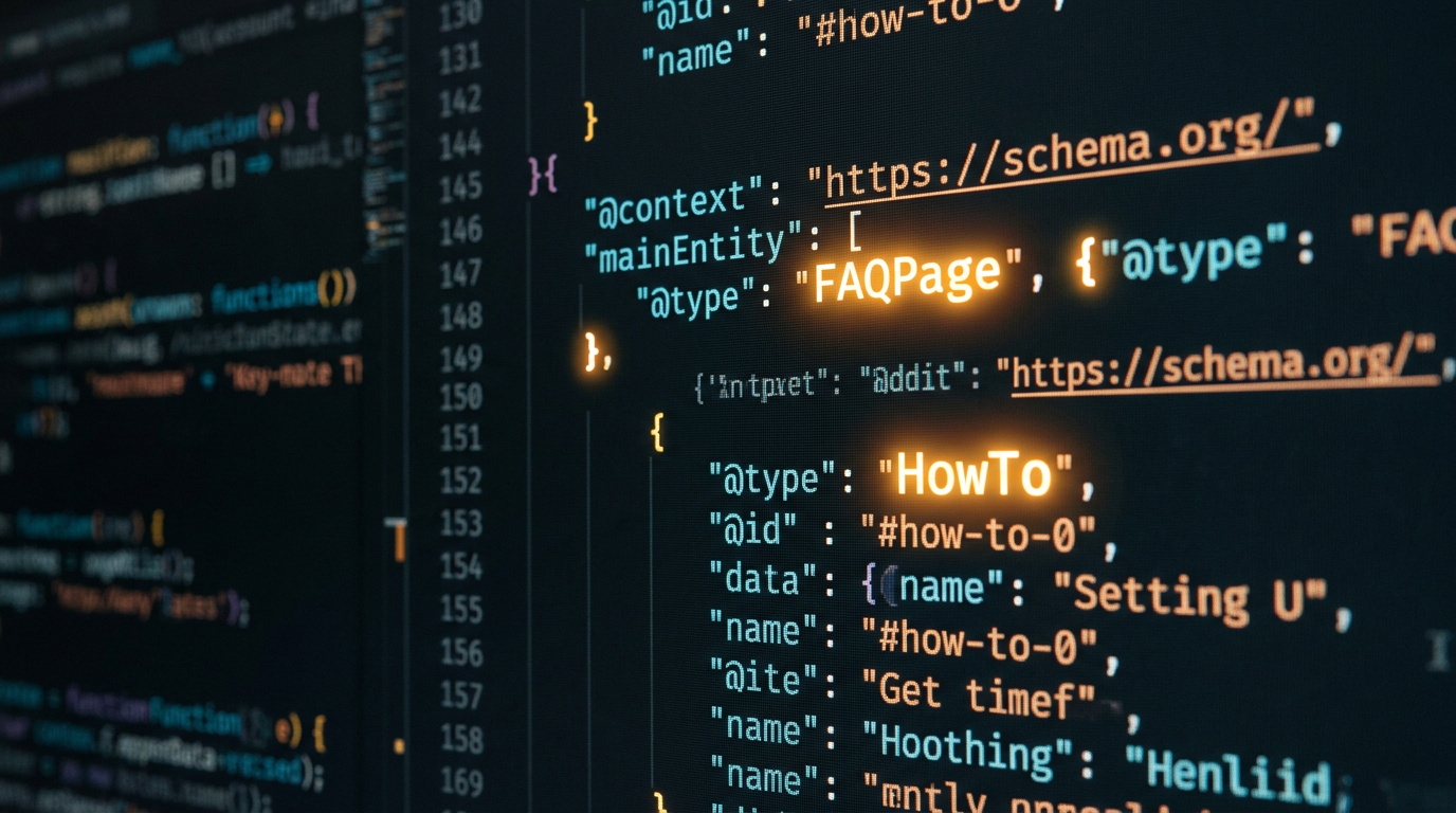 A close-up, abstract photo of computer code on a screen, with the words 'FAQPage' and 'HowTo' glowing slightly brighter than the surrounding code, symbolizing schema markup.