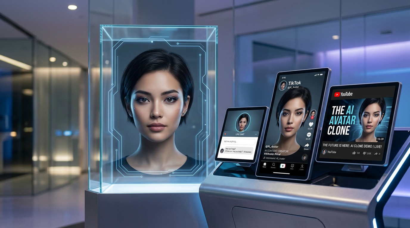 A close-up concept image showing a single AI avatar's face being 'cloned' into multiple screens, each one showing a different platform interface: a TikTok video, a YouTube thumbnail, and a website chatbot window. The style is sleek and futuristic.