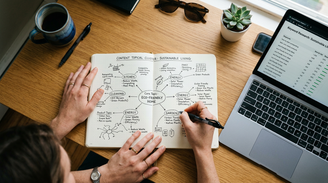 A close-up overhead shot of a person's hands writing in a notebook, creating a mind map for a content topical cluster. A laptop is next to the notebook, displaying keyword research. The feeling is one of strategy and planning.