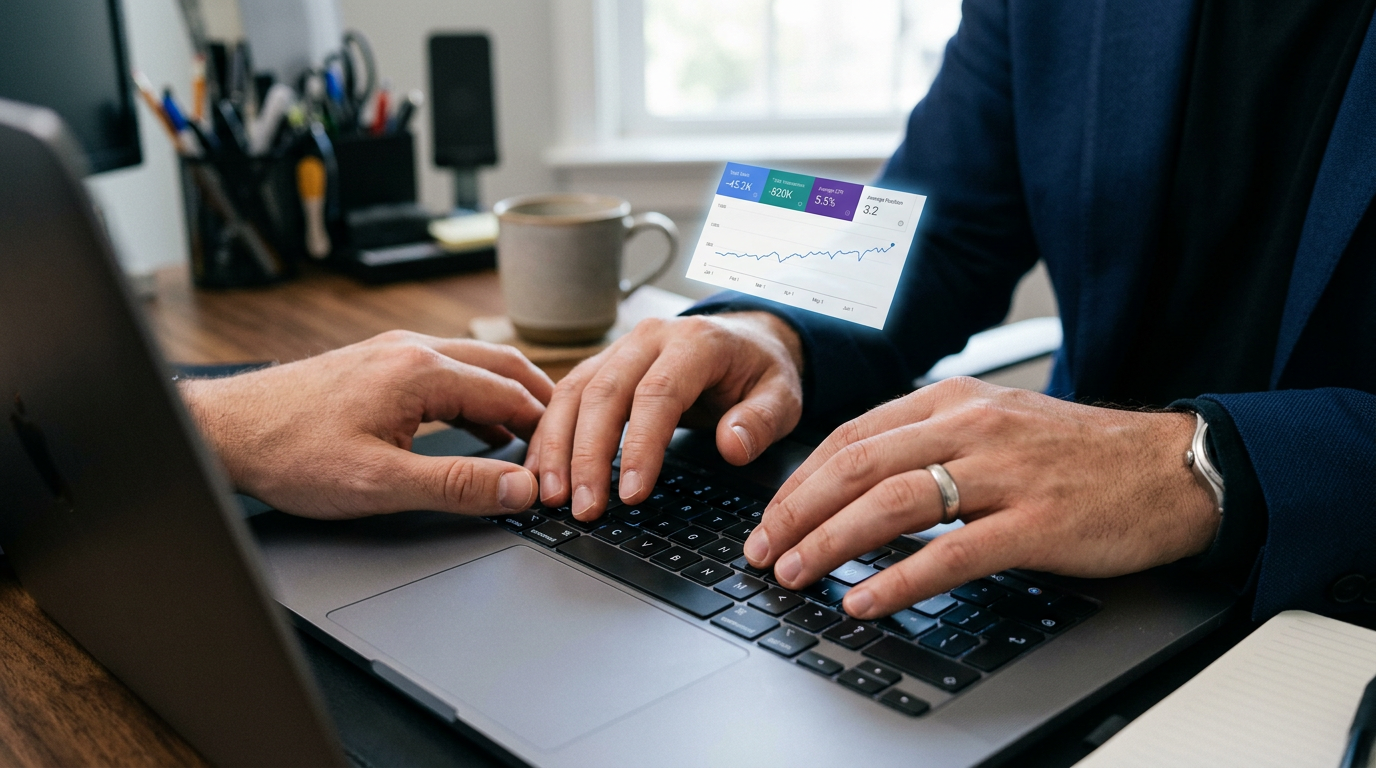 A close-up shot of a business owner's hands on a laptop keyboard. The screen shows a clean, modern graph from Google Search Console indicating steady, upward organic traffic growth. The mood is professional and focused.