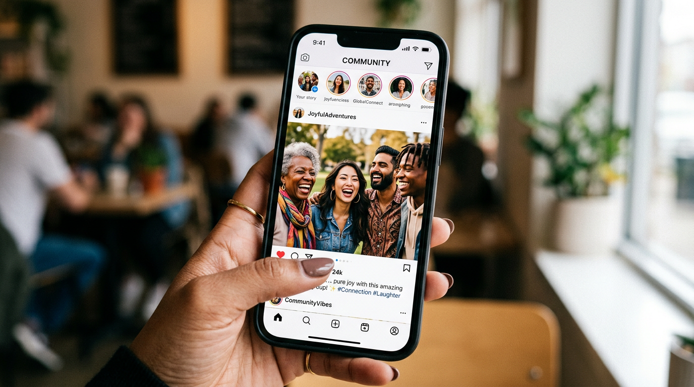 A close-up shot of a human hand holding a smartphone, scrolling through an Instagram feed that shows a diverse group of human influencers of different ages, ethnicities, and styles, all laughing and interacting authentically. The background is slightly blurred, focusing on the screen and the genuine emotion displayed by the creators.