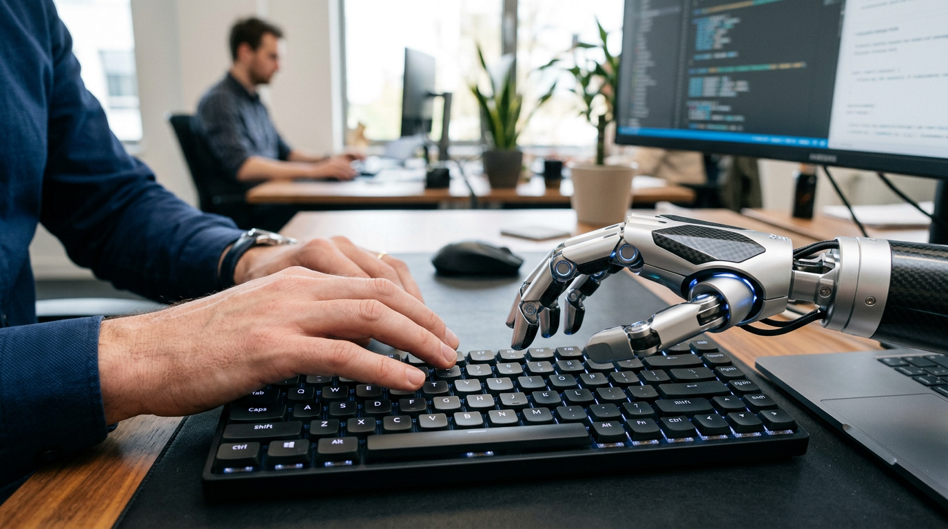 A close-up shot of a keyboard with a person's hands paused mid-typing, but one hand is a sophisticated, clean-lined robotic hand. The image conveys the idea of human-AI collaboration in a business workflow.