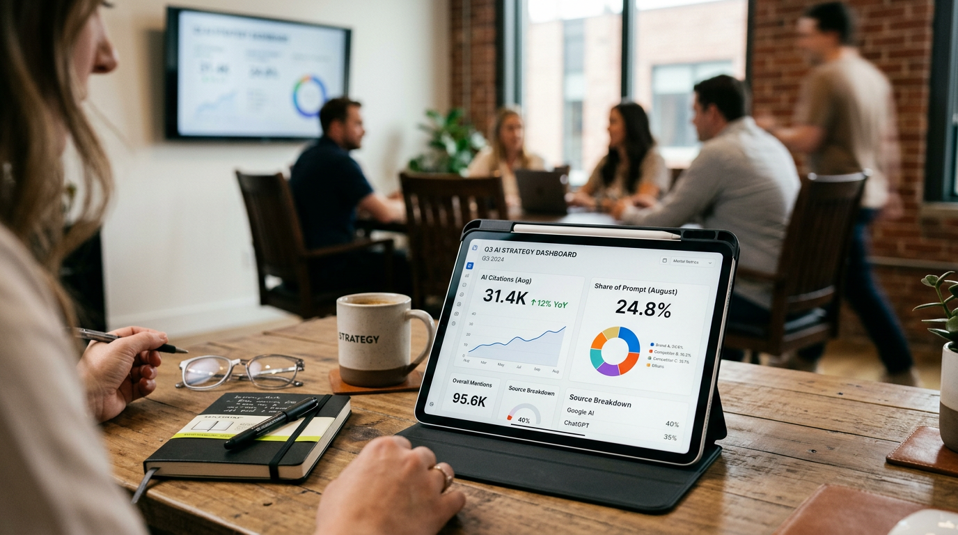 A close-up shot of a strategist's desk with a tablet displaying a dashboard with metrics like 'AI Citations' and 'Share of Prompt'. The background is slightly blurred but suggests a collaborative meeting environment.