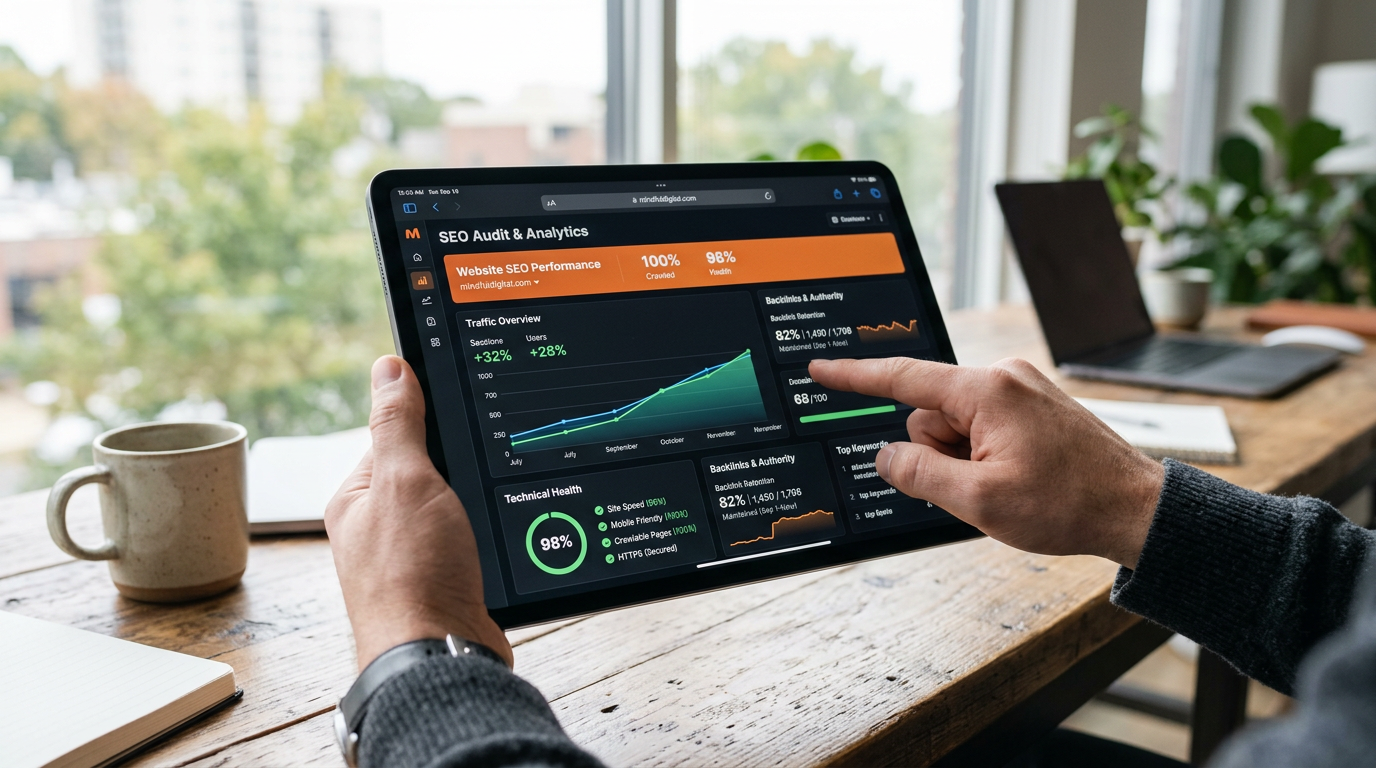 A digital dashboard on a tablet screen showing a website's SEO audit results. Graphs show rising traffic and green checkmarks for technical health. The user's hand is pointing to a 'backlink retention' metric. Soft, focused lighting.