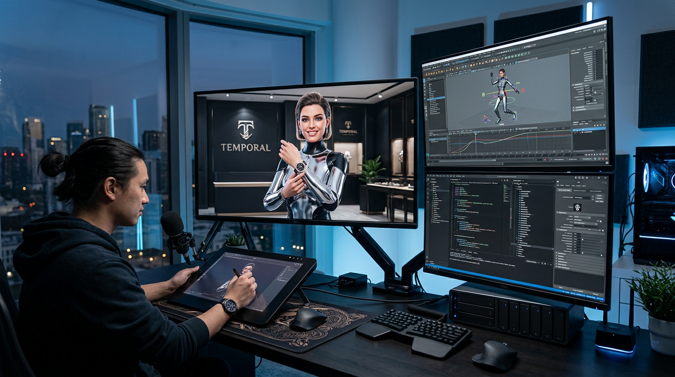 A futuristic, wide-angle shot of a digital artist's workstation. Multiple monitors show a 3D model of an AI influencer being animated, with code and wireframes visible. On the main screen, the finished AI influencer is striking a pose against a branded background for a fictional luxury watch company. The mood is cool, technological, and precise.