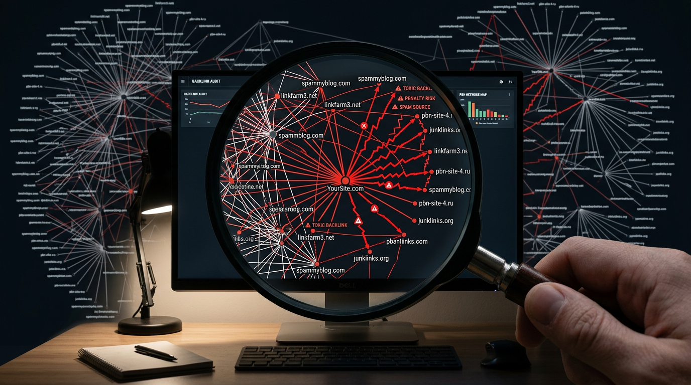 A magnifying glass hovering over a computer screen that displays a complex, messy network of lines connecting different websites, representing a toxic backlink profile from a PBN. Some of the lines are red and marked with warning symbols.