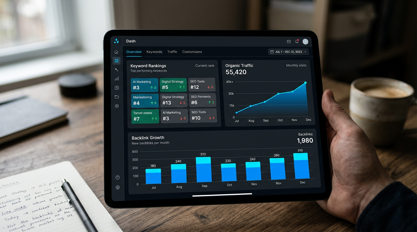 A minimalist, dark-mode dashboard on a tablet screen, showing clean data visualizations for SEO metrics like keyword rankings, organic traffic, and backlink growth. The style is sleek and tech-focused.