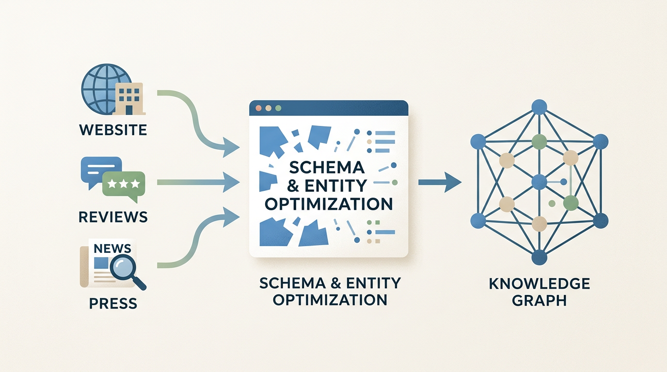 A minimalist graphic illustrating the GEO process. On the left, icons for 'Website,' 'Reviews,' and 'Press' feed into a central box labeled 'Schema & Entity Optimization.' An arrow points from this box to a single, clean 'Knowledge Graph' icon on the right, showing disorganized data becoming structured.