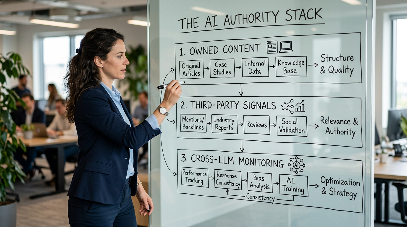 A person in a modern office draws a three-tiered flowchart on a glass wall with a marker. The flowchart is labeled 'The AI Authority Stack' and has three sections: 'Owned Content,' 'Third-Party Signals,' and 'Cross-LLM Monitoring,' with simple icons for each. The focus is on the diagram.