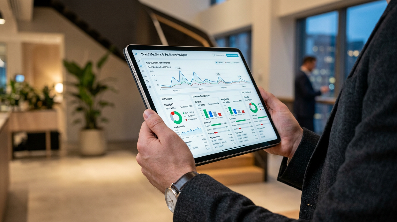 A photorealistic shot of a person's hands holding a tablet. The screen displays a sophisticated dashboard with graphs and charts showing brand mentions and sentiment analysis (positive/negative/neutral) across different AI platforms like ChatGPT, Perplexity, and Gemini.