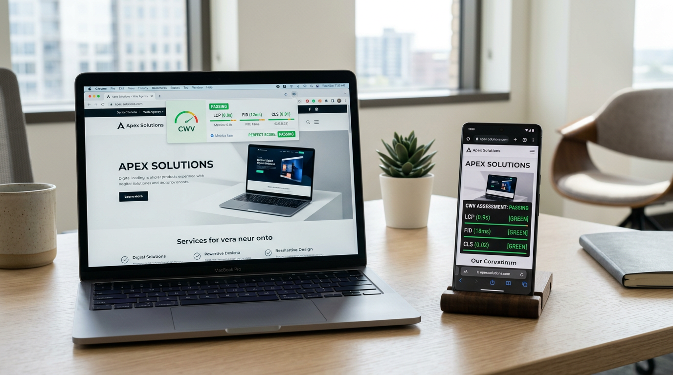 A smartphone displaying a perfectly rendered mobile website next to a laptop showing the same site. Both screens show excellent scores on a Core Web Vitals test overlay. The background is a modern, minimalist office.