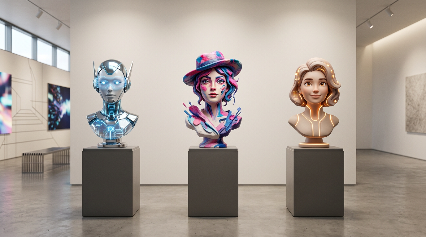 A visual metaphor for a portfolio of AI influencers. Three distinct, stylized avatar busts are displayed on pedestals in a minimalist art gallery. One looks like a tech expert, one an artist, and one a friendly guide. Suggests specialization and strategy.