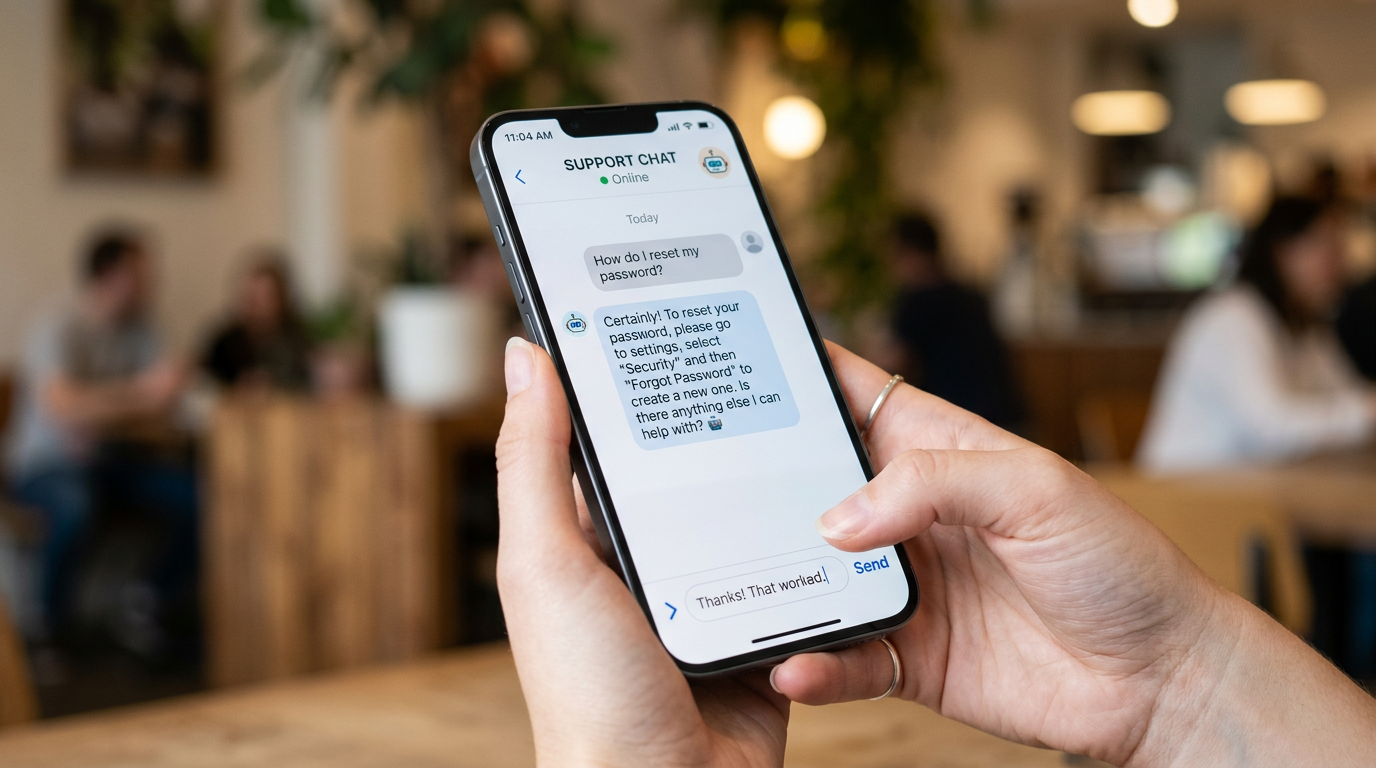 A business owner using an AI chatbot for customer support on a mobile phone.