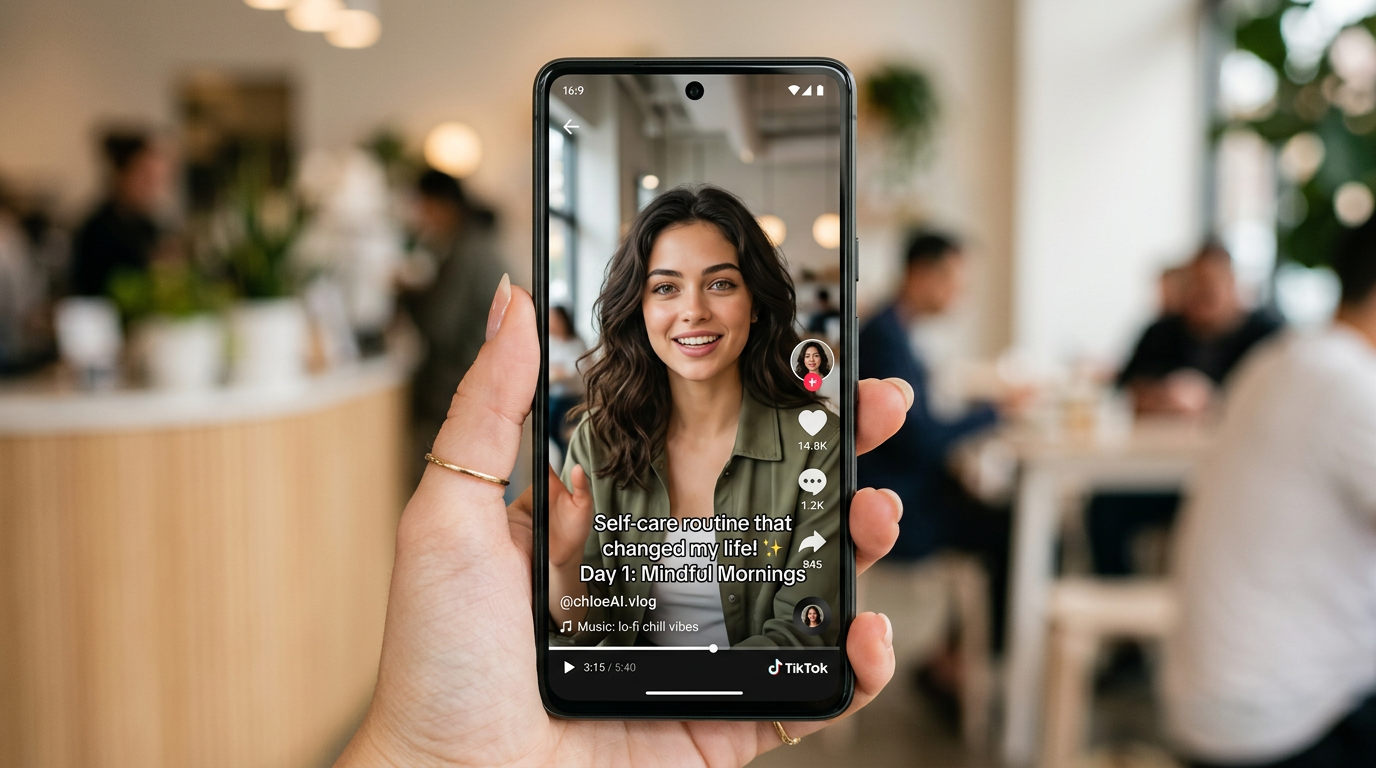 an ai influencer video playing on a smartphone screen