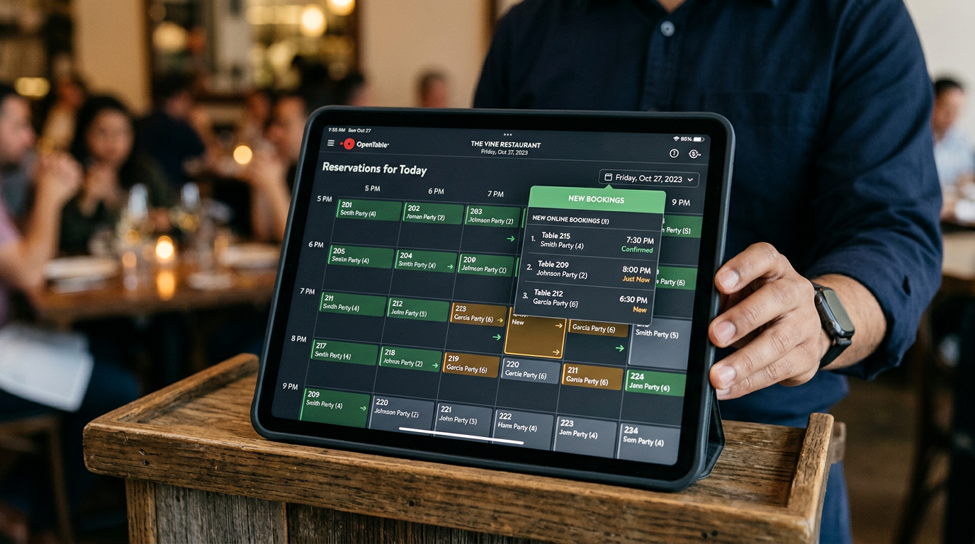 AI agent automatically booking reservations on a restaurant's tablet.