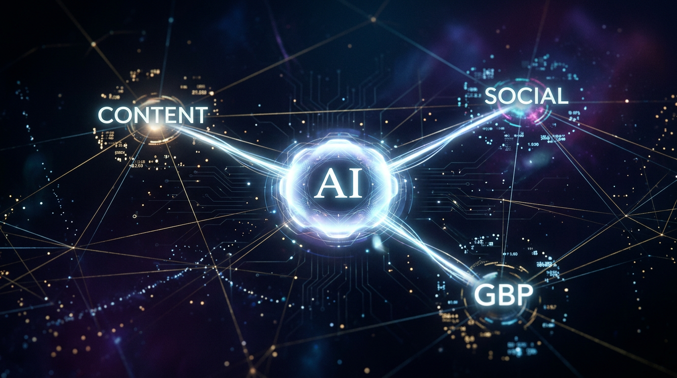 diagram showing how AI connects content and social media for SEO
