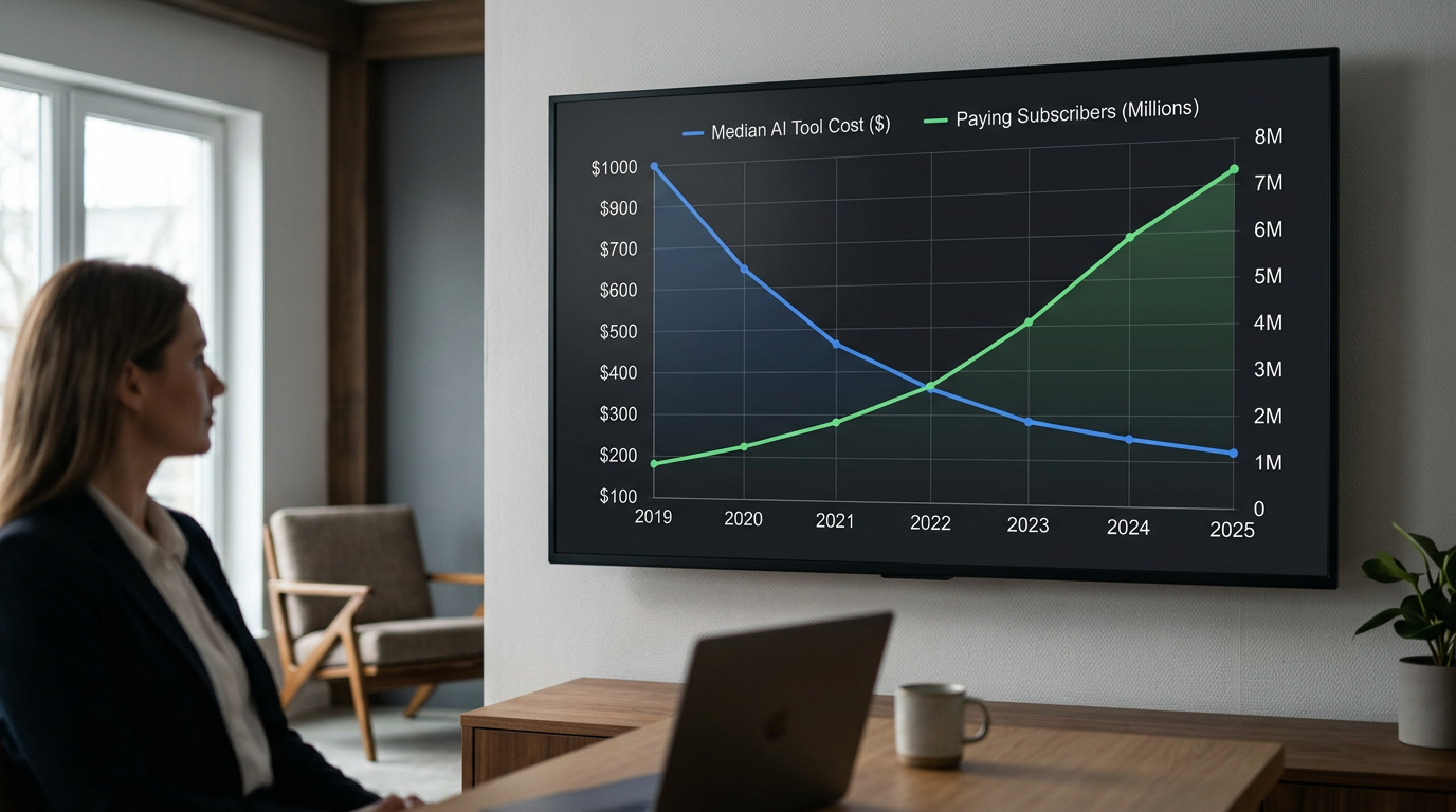 Chart showing the falling cost of AI tools and rising small business adoption.
