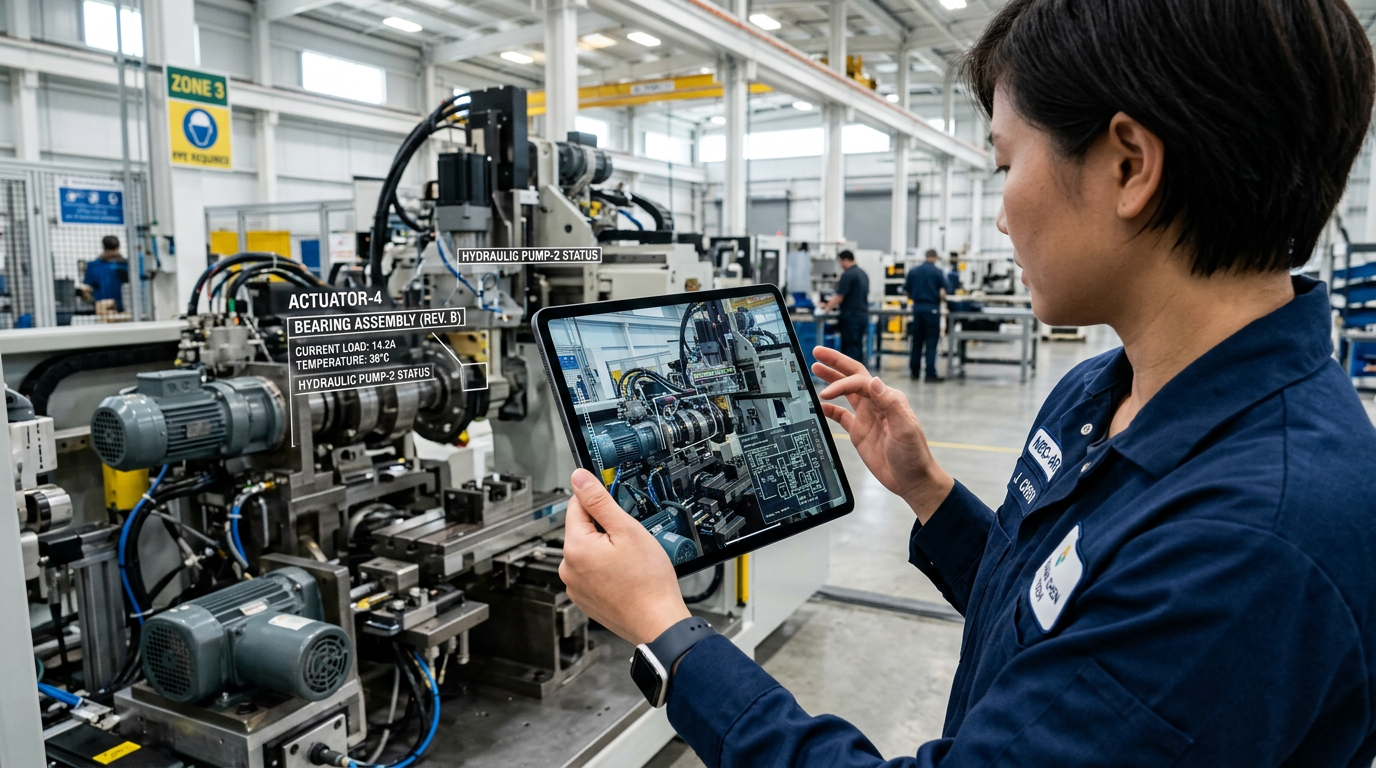 A technician using an ARKit-powered iPad app for equipment maintenance.
