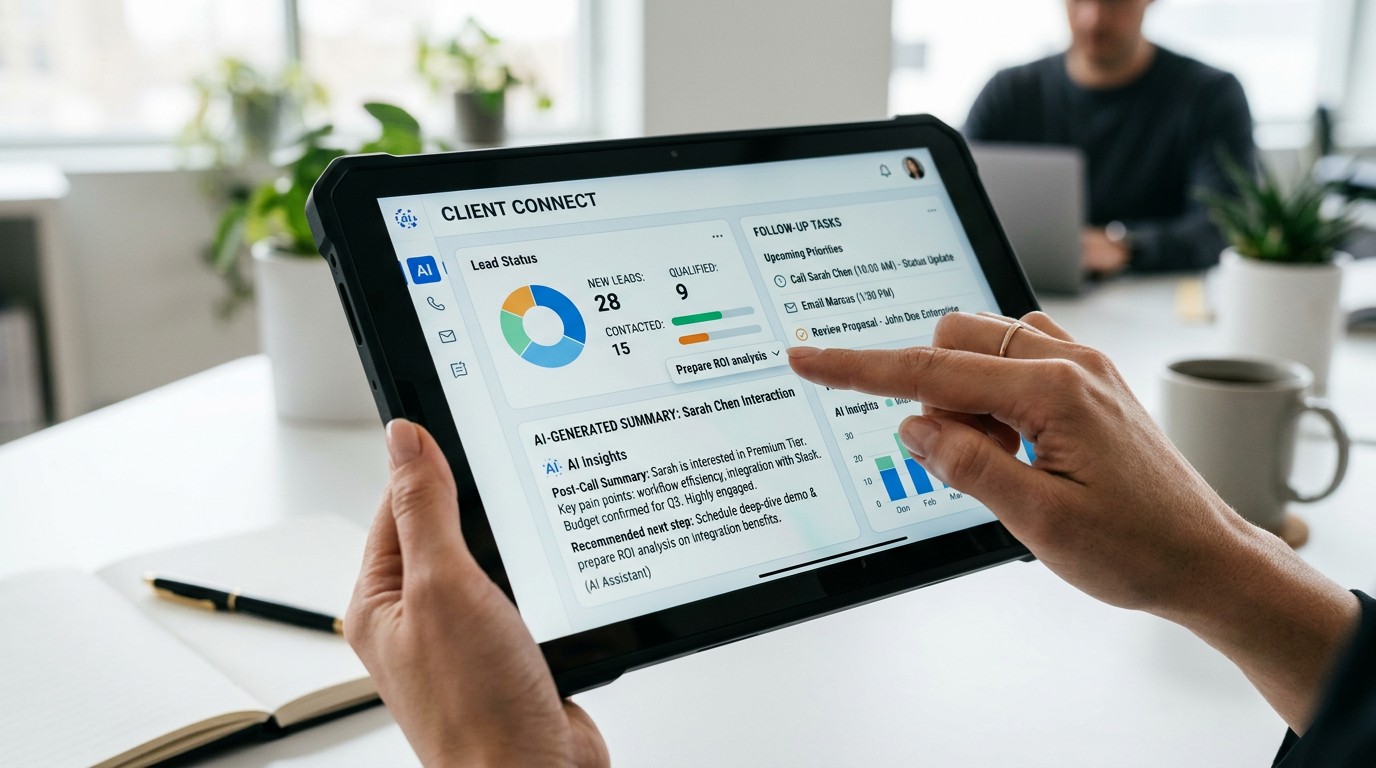 Close-up shot of a CRM dashboard on a tablet. The dashboard shows lead status, follow-up tasks, and an AI-generated summary of a client interaction. The aesthetic is clean and modern, with a finger touching the screen to interact with an element. The focus is on the practical application of AI within a business tool.