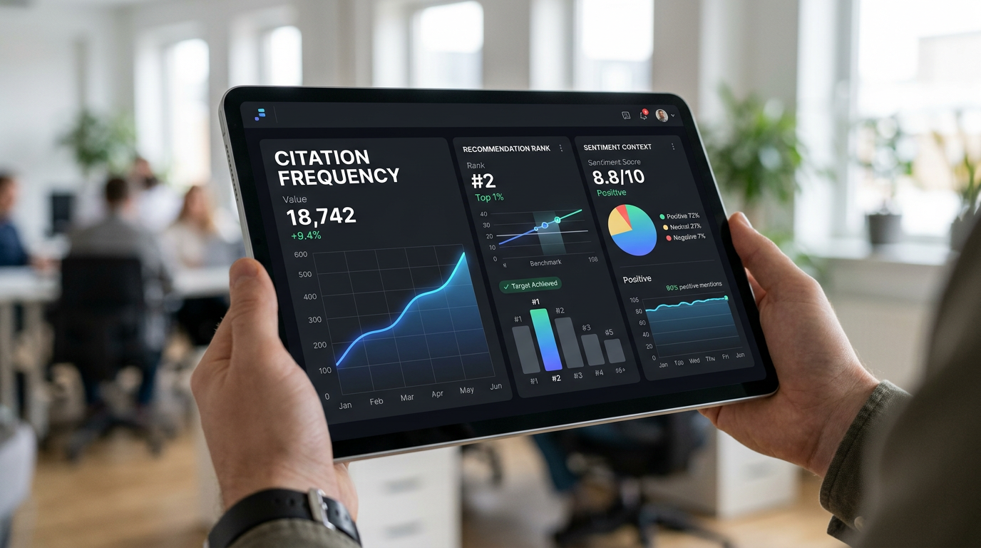 Close-up shot of a sleek, modern digital dashboard on a tablet. The dashboard displays metrics like 'Citation Frequency,' 'Recommendation Rank,' and 'Sentiment Context,' with clean, upward-trending graphs and data visualizations. The background is softly blurred. Minimalist and data-focused.