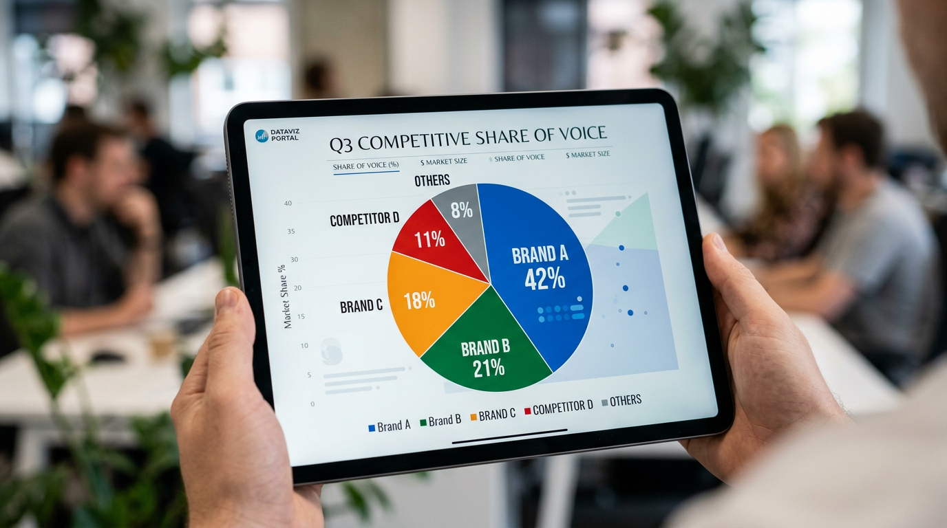 Close-up shot of a tablet screen displaying a 'Share of Voice' competitive analysis chart. The chart shows Brand A with a larger slice of a pie chart compared to competitors. The focus is sharp on the screen, with the background softly blurred.