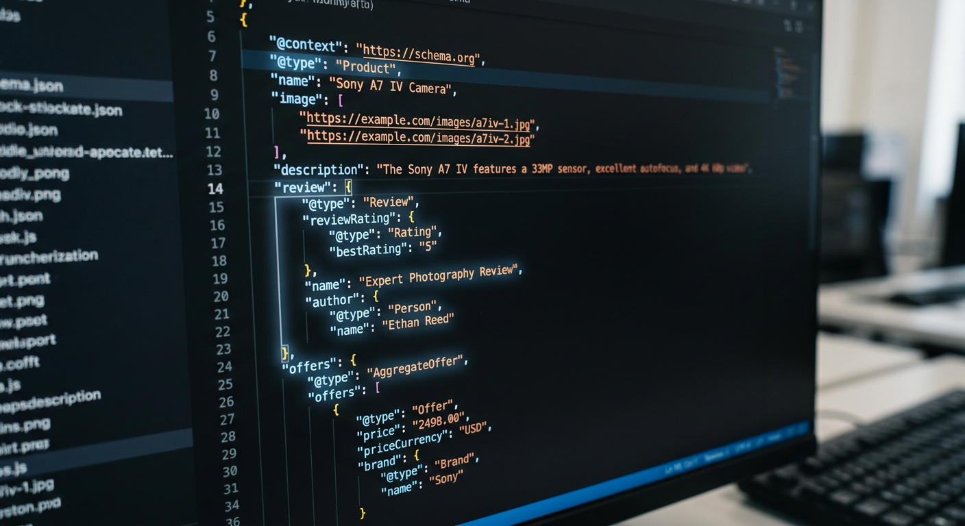 Close-up shot of a website's source code, with lines of structured data (Schema.org) highlighted with a subtle glow. The focus is on clarity and organization of code.
