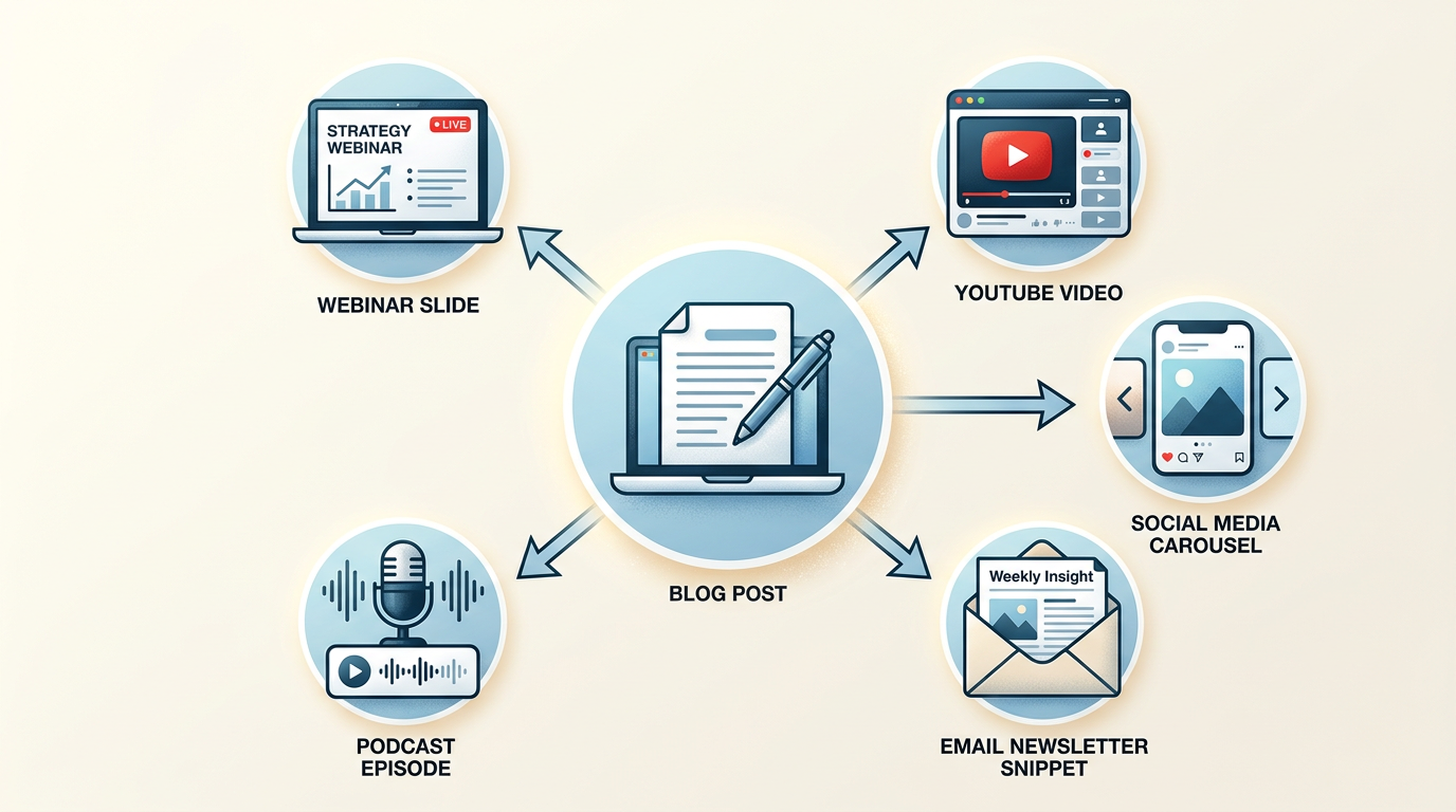Diagram of a content repurposing strategy for lead generation from a single blog post