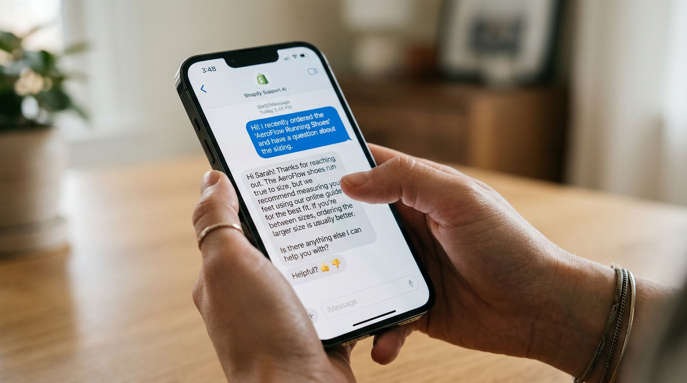 A customer engaging with an AI-powered SMS agent for a Shopify store.
