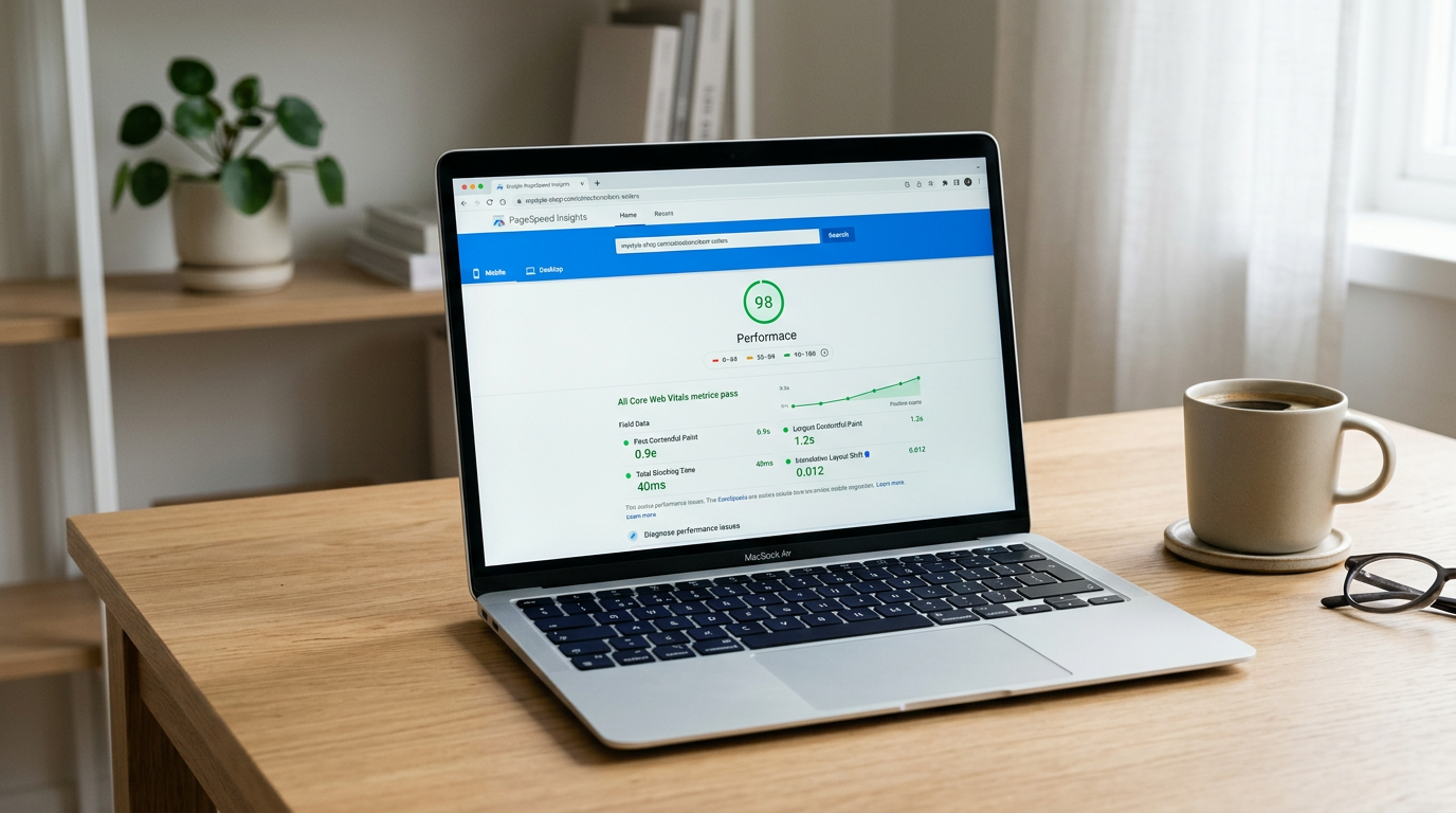 a laptop showing excellent core web vitals scores