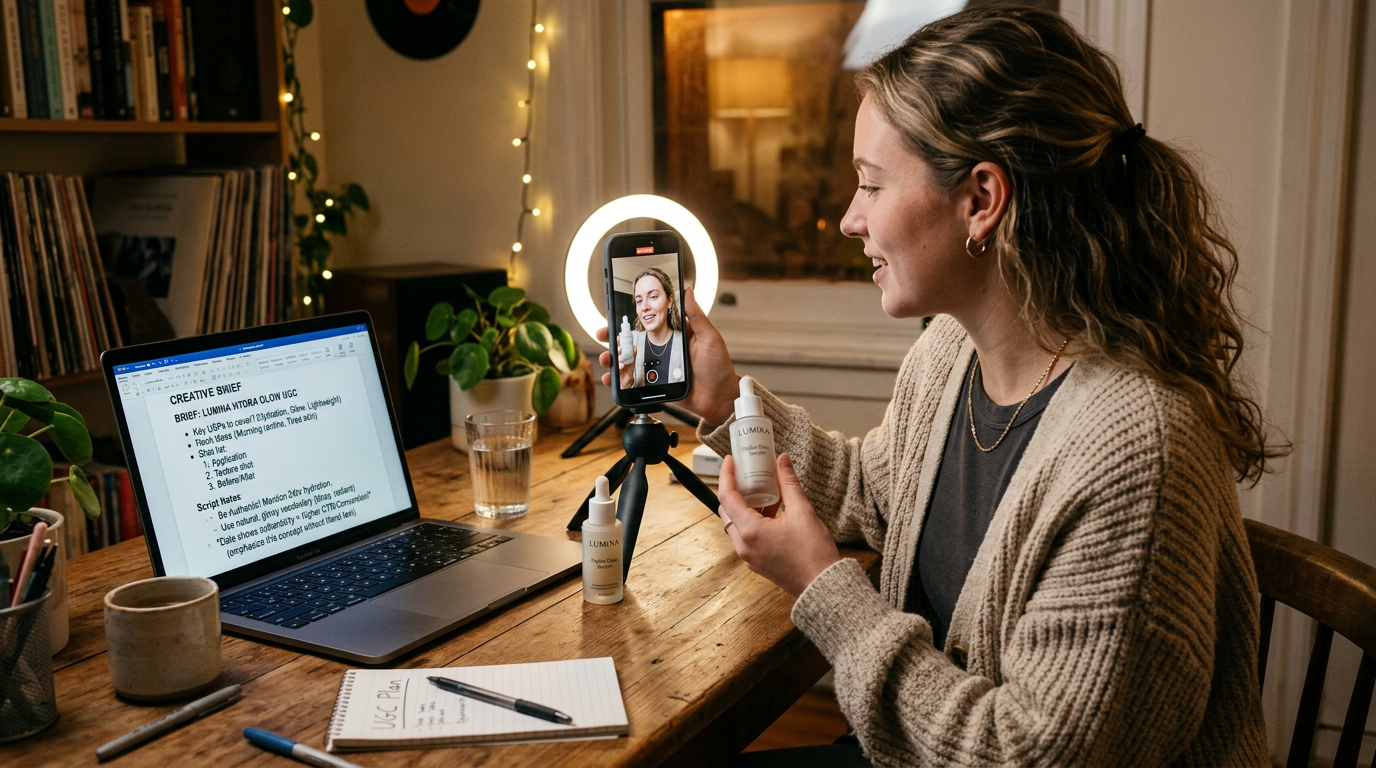 Creator using an AI-generated brief for a UGC-style video production