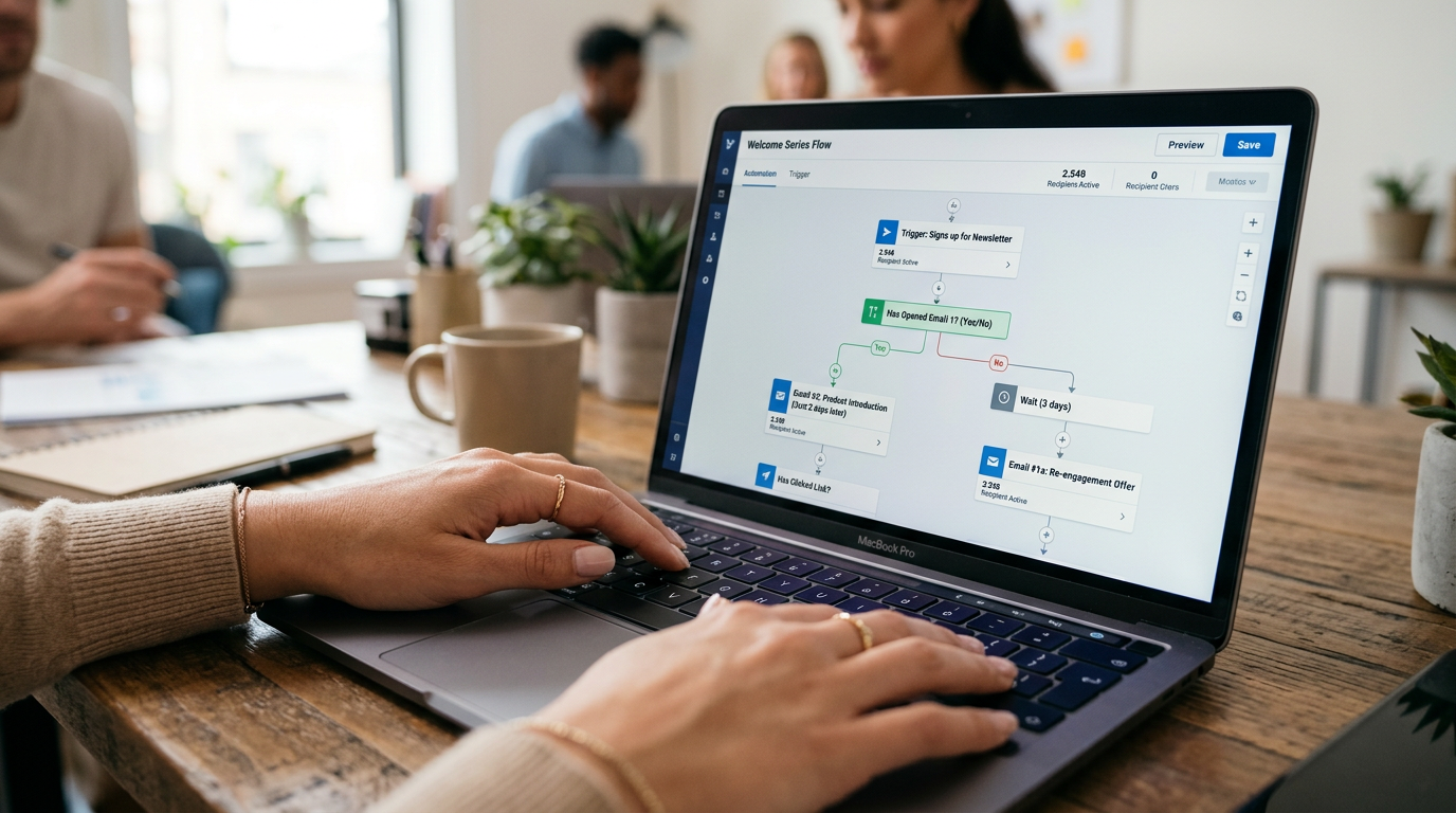 A marketing strategist designs a post-purchase email flow in an automation platform.