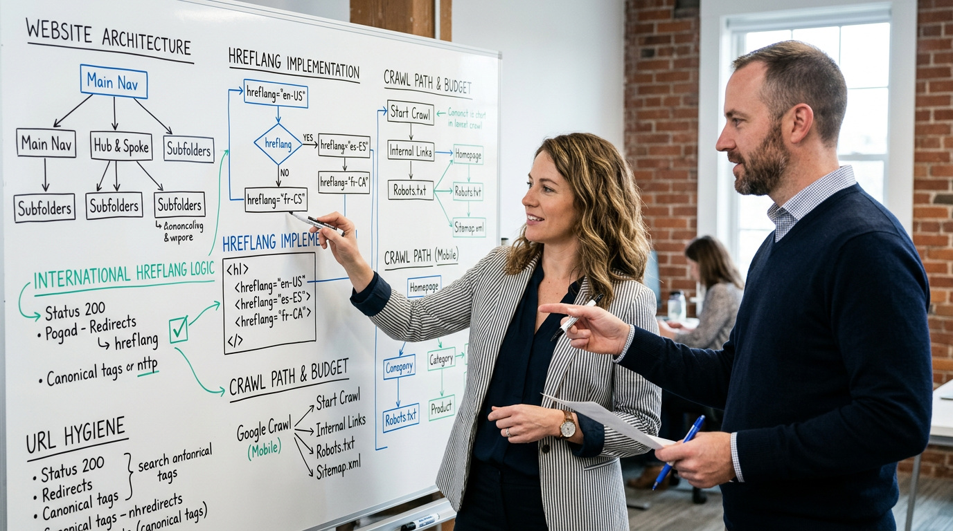 Two SEO strategists planning enterprise content architecture on a whiteboard.