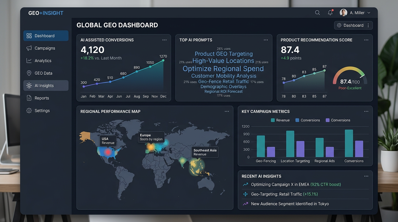 A dashboard showing GEO analytics for an ecommerce store
