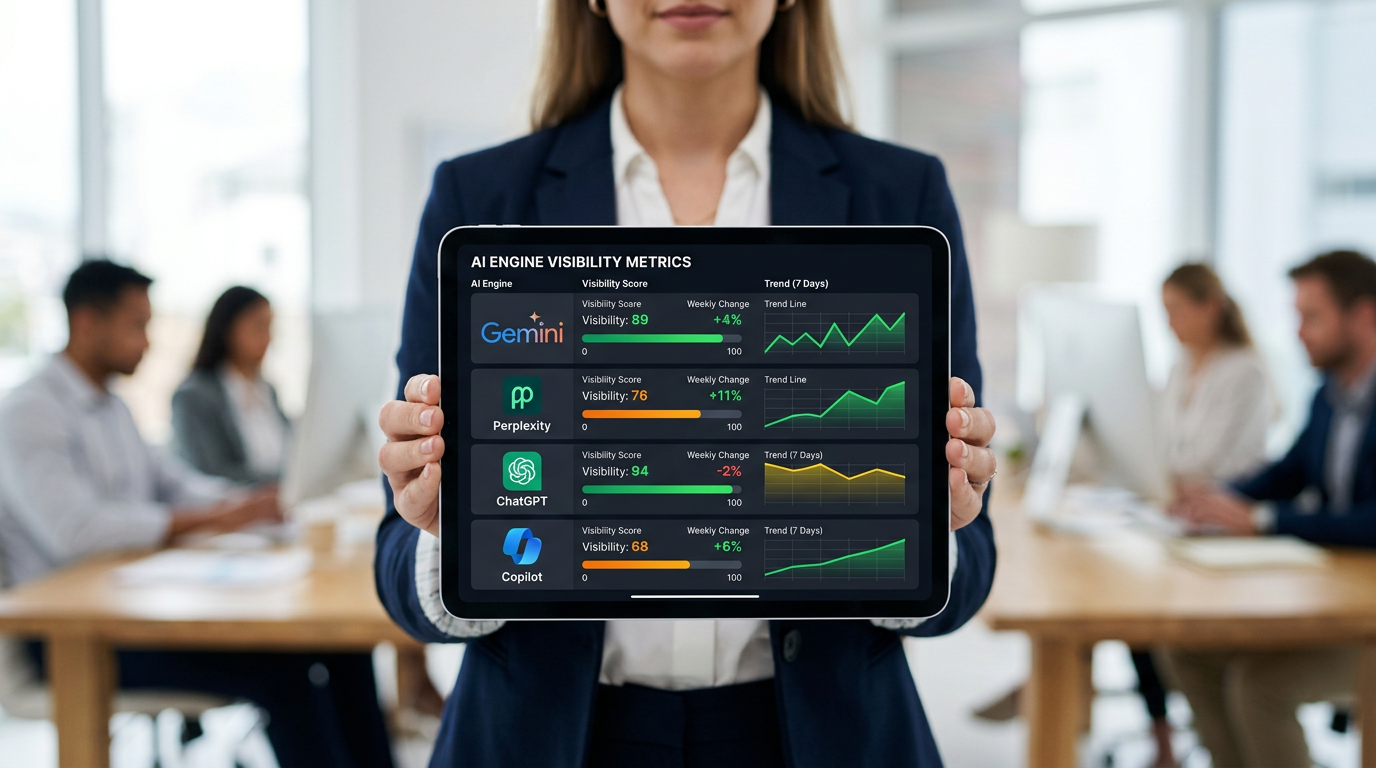 A GEO platform dashboard showing AI visibility scores for different generative engines.