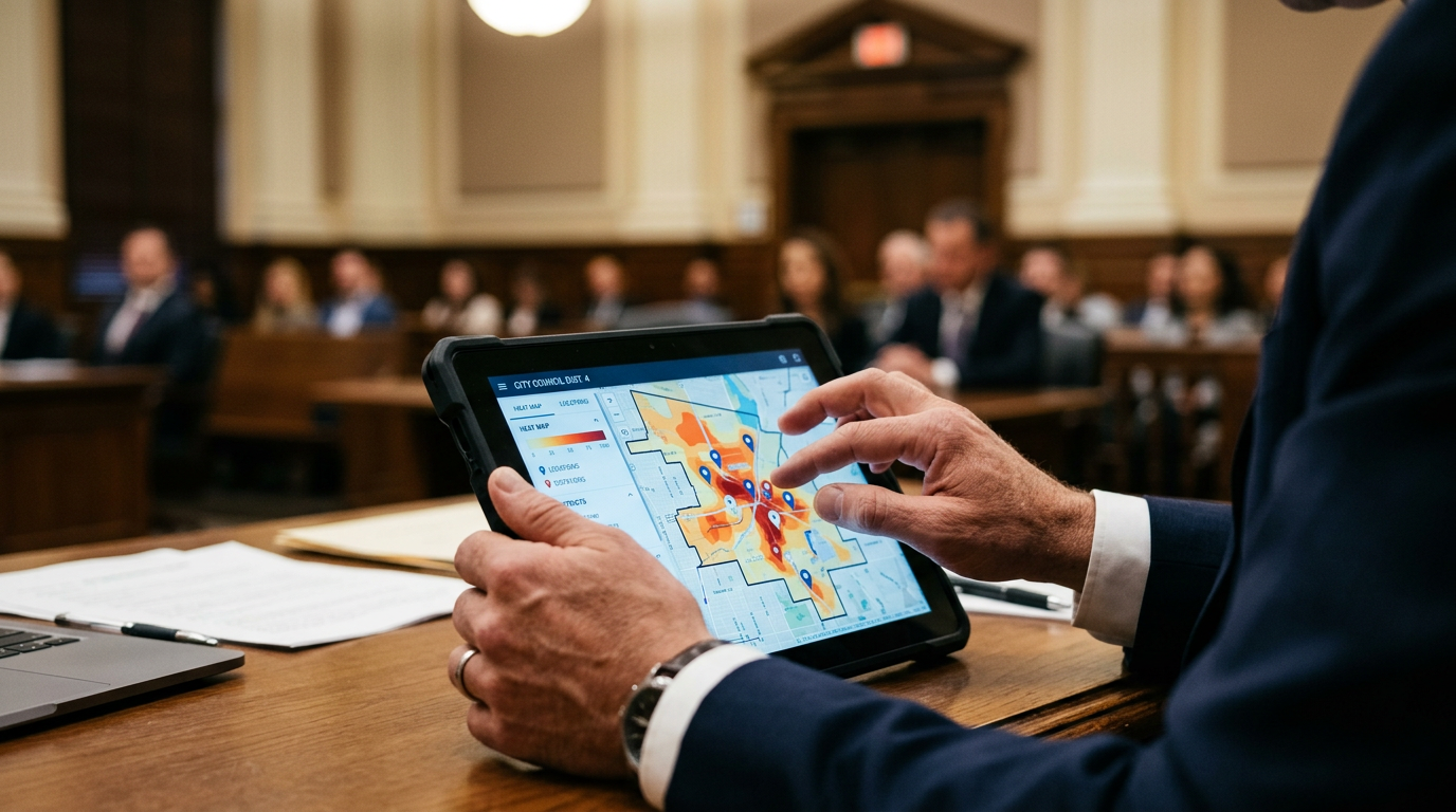 a legal professional uses a GIS mapping tool on a tablet for case preparation