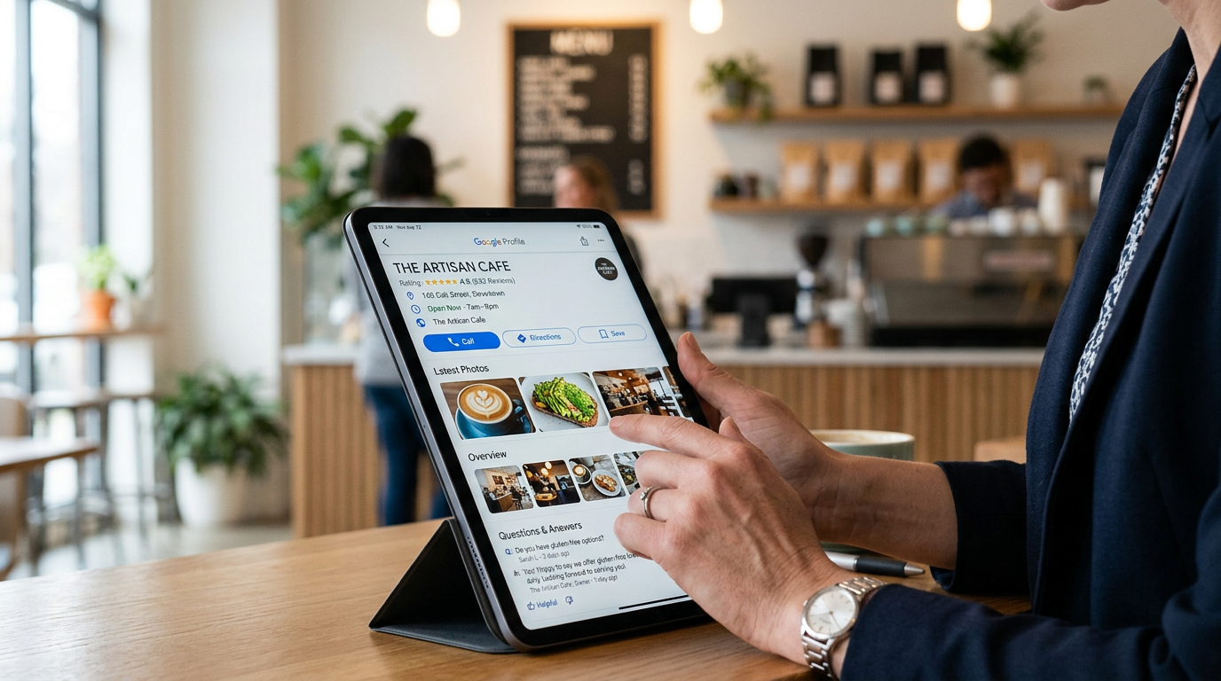 A restaurateur optimizing their Google Business Profile on a tablet.