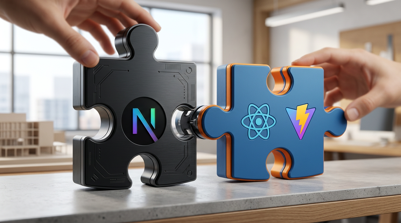 two puzzle pieces showing next js and react vite combining in a hybrid architecture