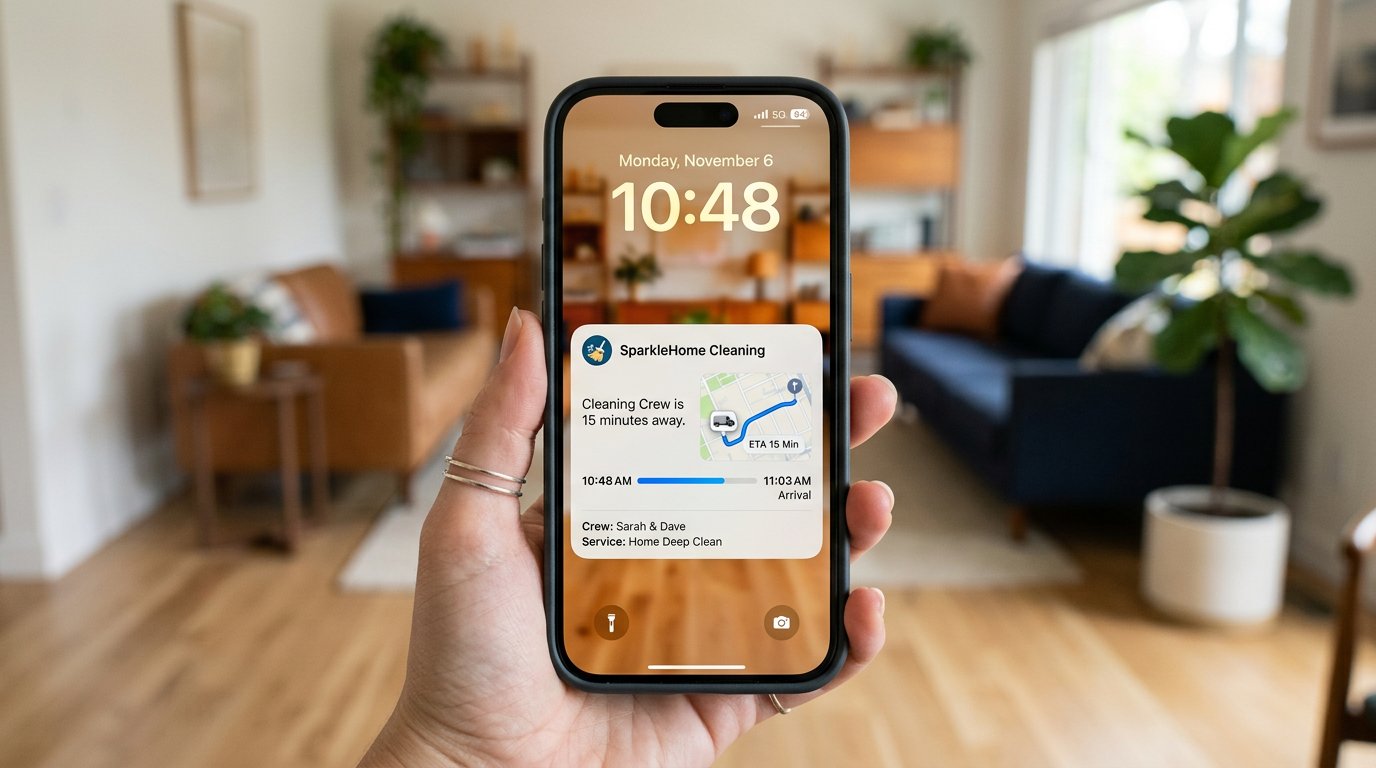 An iPhone lock screen showing a Live Activity for a service appointment.