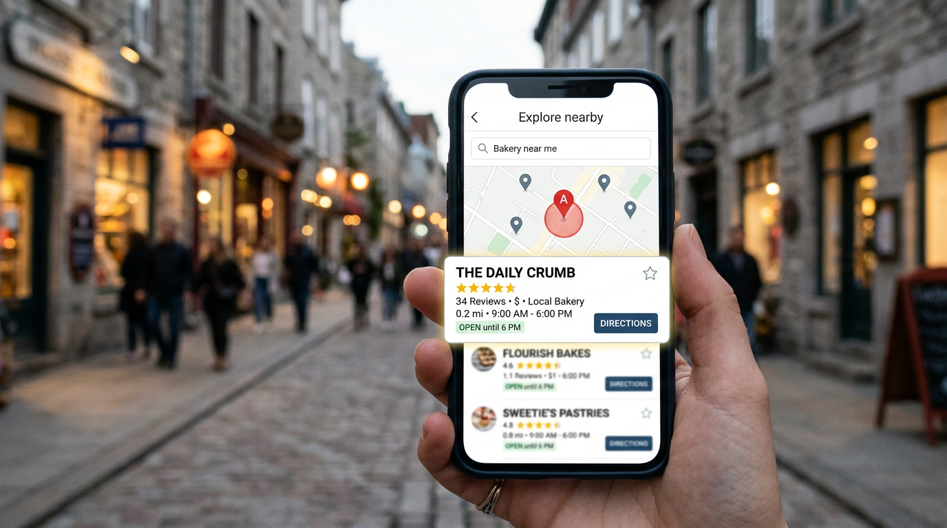 local SEO search results for a bakery on a smartphone screen