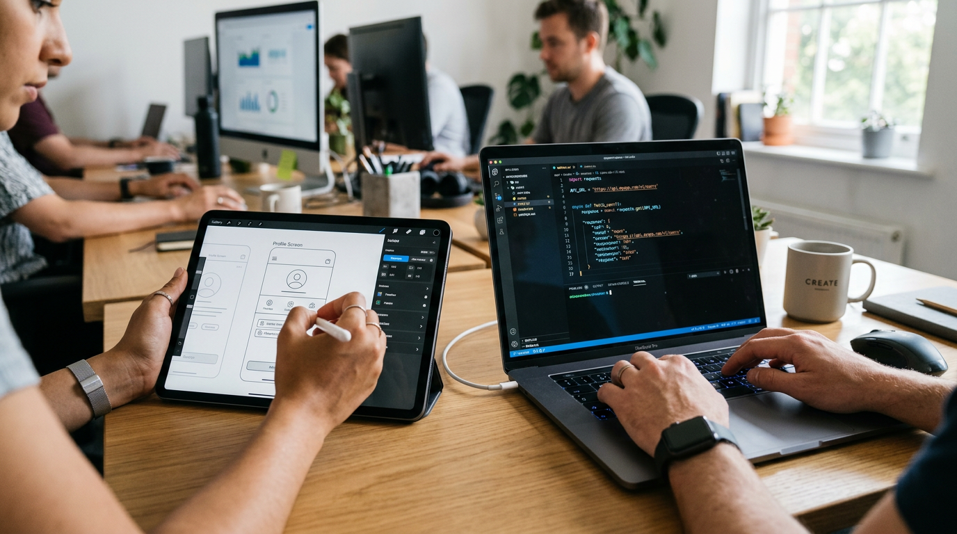 A designer and developer collaborating on a headless website component.