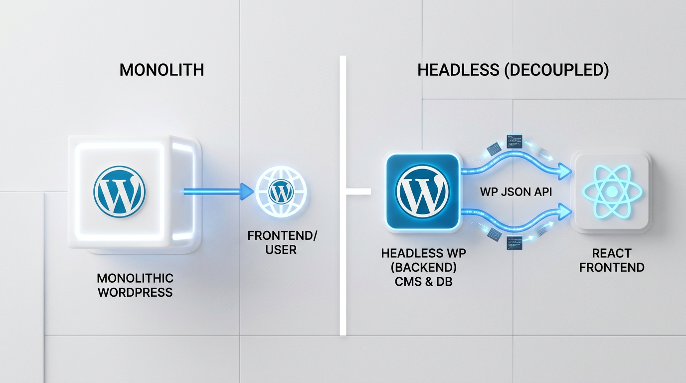 Diagram showing the difference between monolith and headless WordPress architecture.
