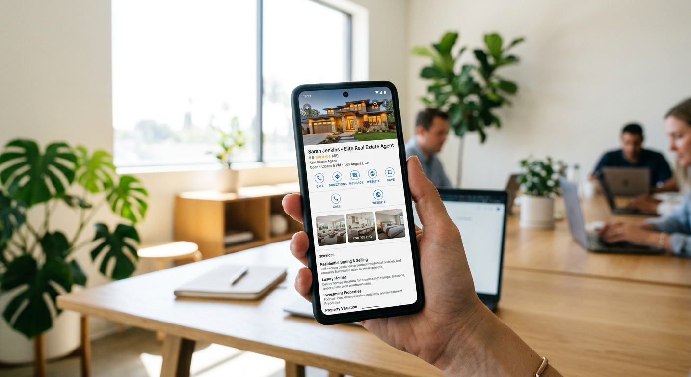 An optimized Google Business Profile for a real estate agent on a smartphone
